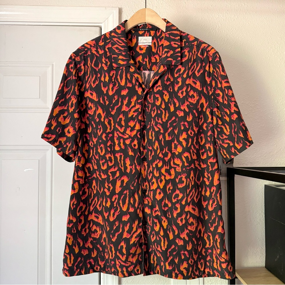 KSUBI men’s black orange leopard cheetah flame fire lyocell button up shirt